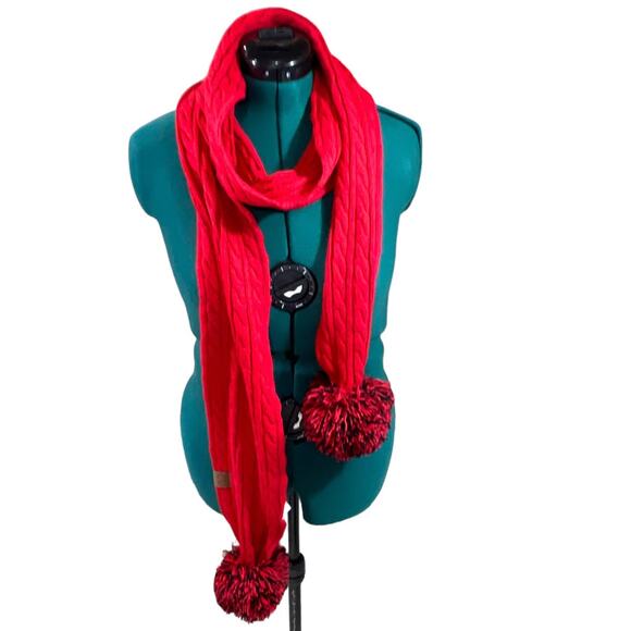C.C. Exclusives Cozy Cable Knit Pom Pom Scarf Red Black - Picture 1 of 12